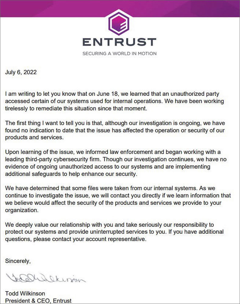 Security incident notification sent to Entrust customers