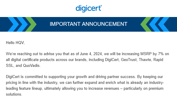 Digicert tăng giá 7% từ ngày 04/06/2024