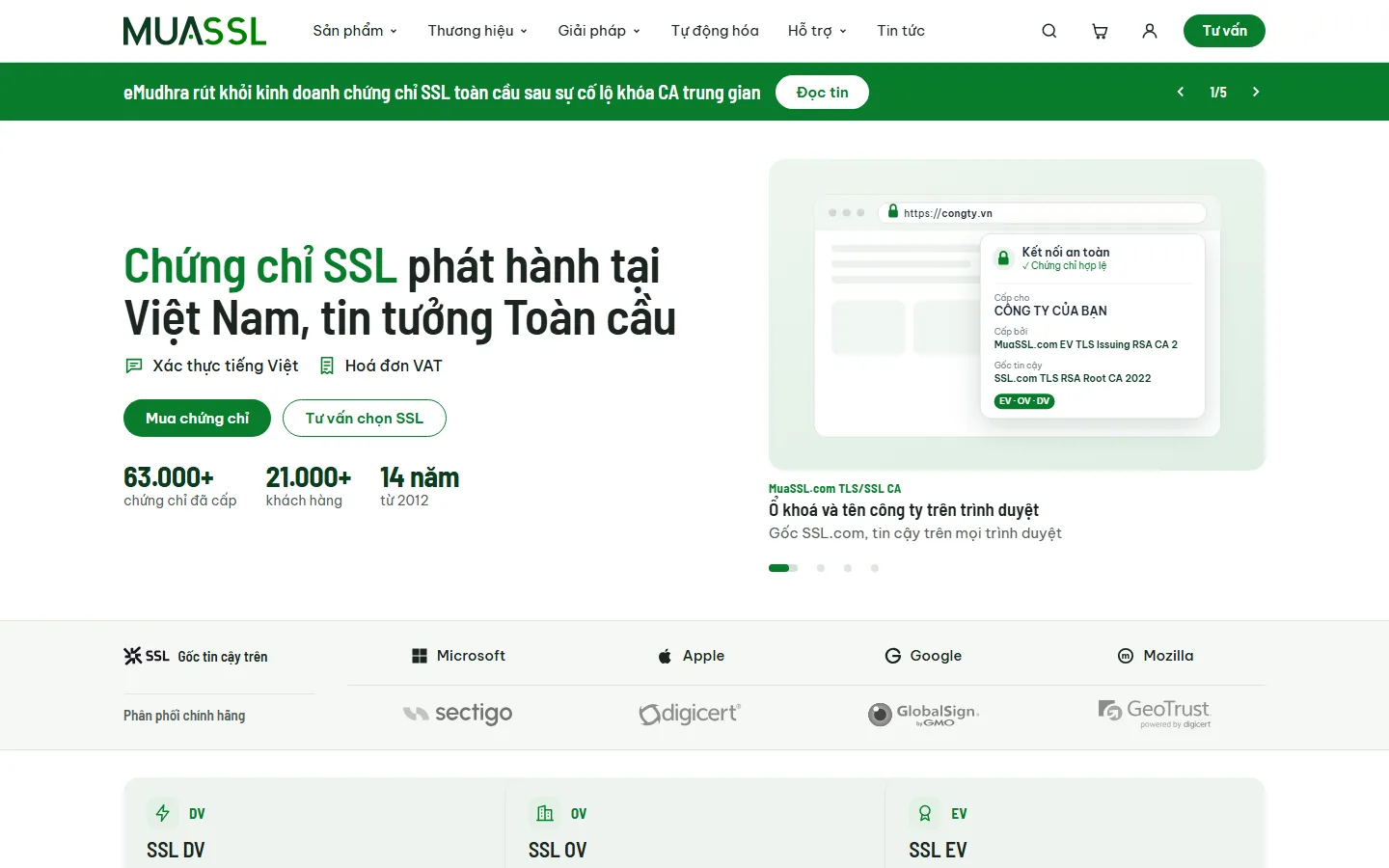 Trang chủ MuaSSL.com với giao diện và logo mới