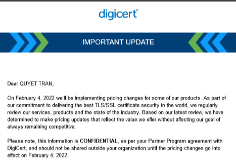 Digicert SSL tăng giá sản phẩm từ ngày 04/02/2022