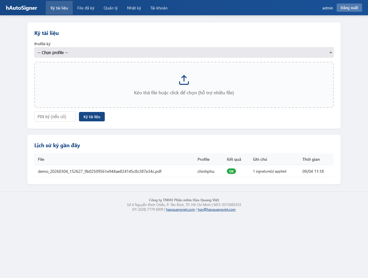 Web Portal hAutoSigner: chọn profile ký, kéo thả file và ký