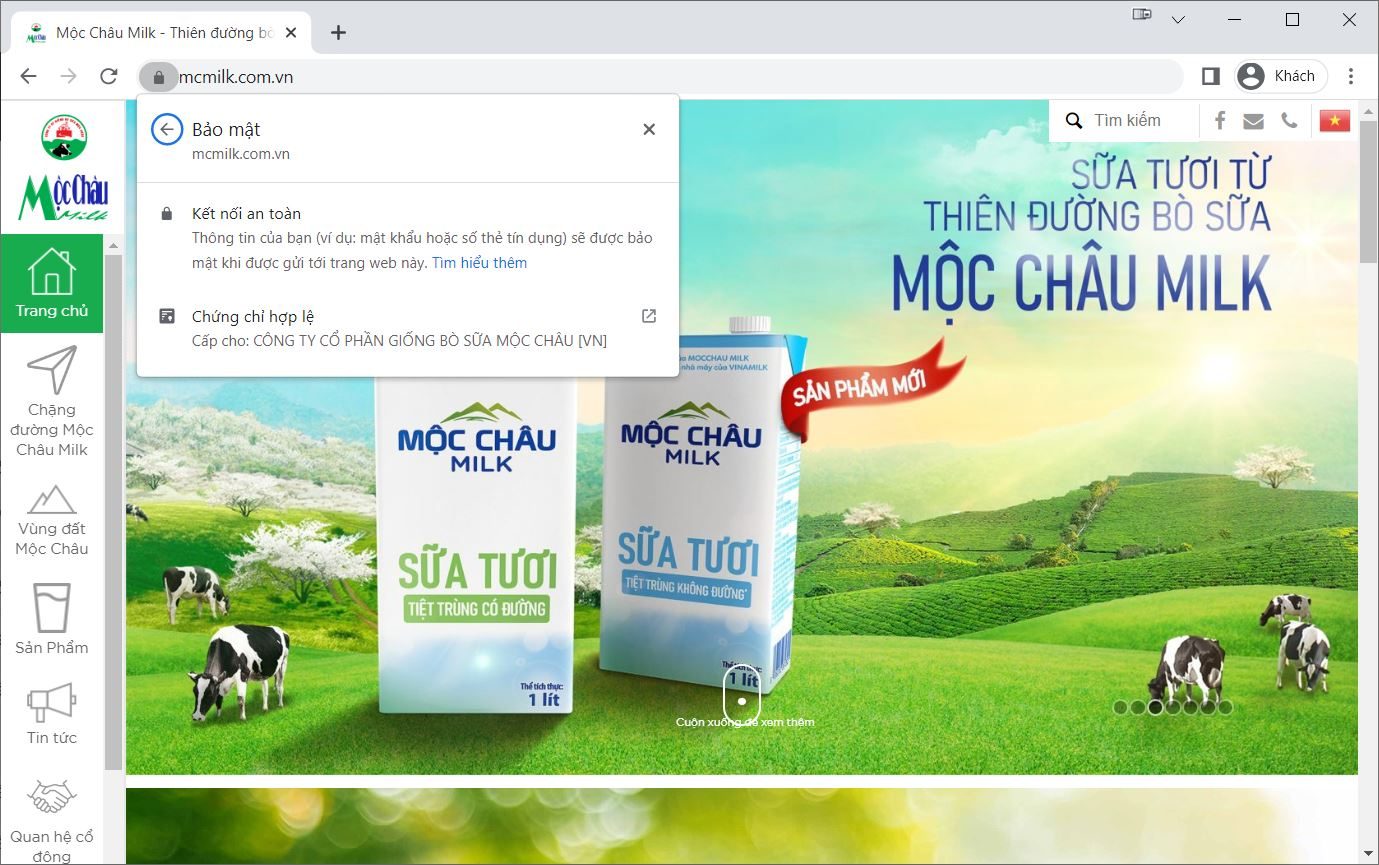 Website Mộc Châu Milk hiển thị chứng chỉ EV của MuaSSL